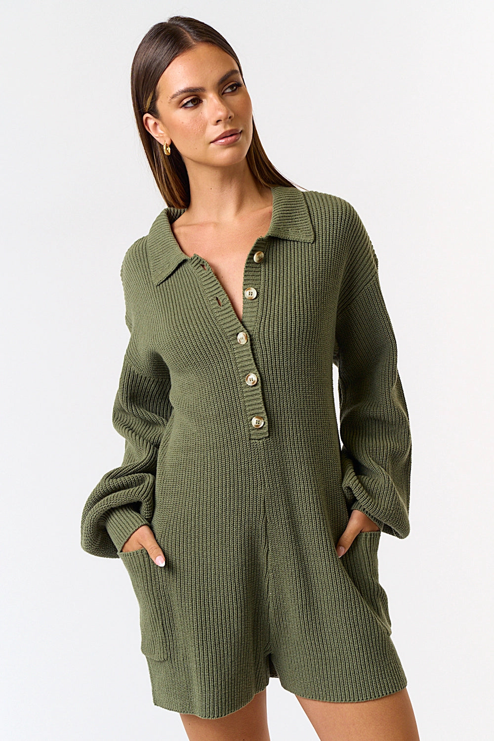 Button Up Long Sleeve Sweater Romper